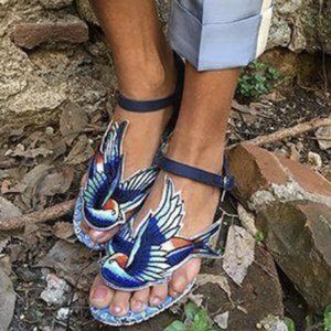 Miss L Fire Rare Western Bluebird Embroidered Leather Flats Sandals 39 / 8